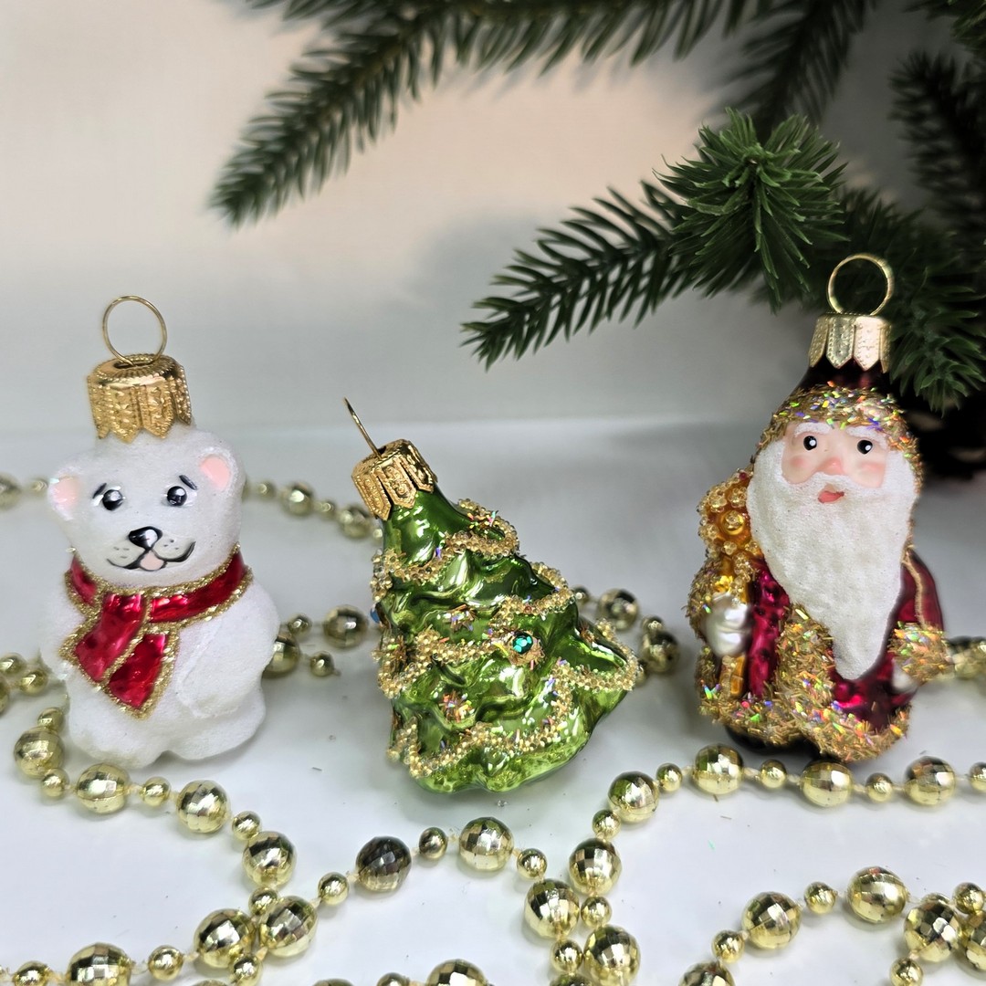 фото Набор стеклянных ёлочных игрушек Irena-Co Дед Мороз, елочка и мишка