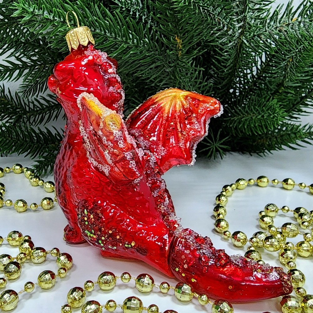 фото Стеклянная елочная игрушка Дракон с длиным хвостом красный