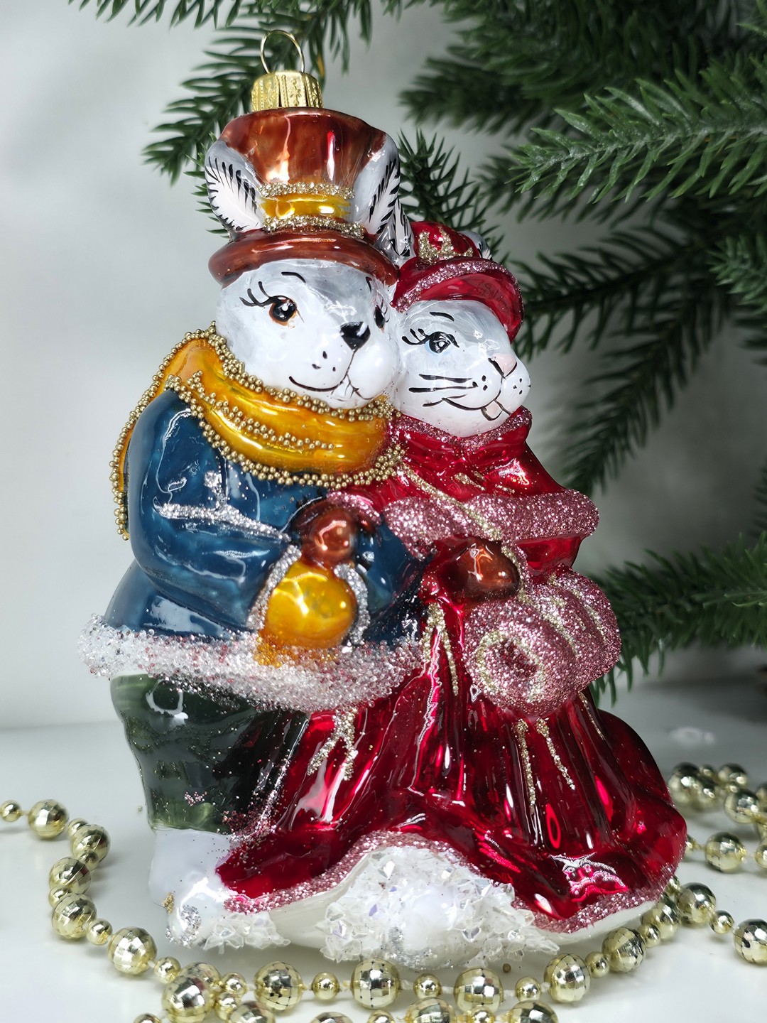 фото Стеклянная елочная игрушка Парочка Зайчат