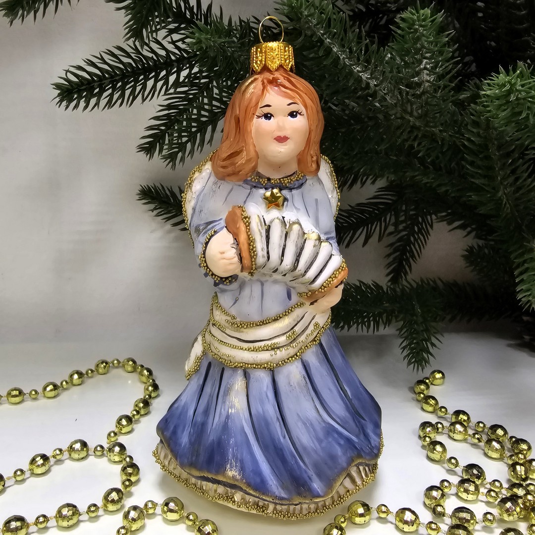 фото Стеклянная елочная игрушка Ангел с гармошкой винтаж