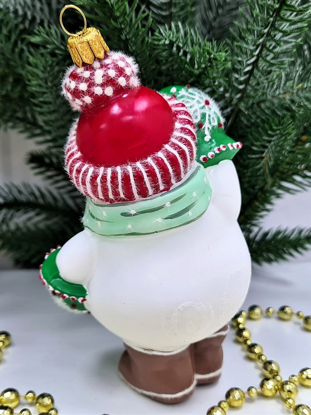 фото Стеклянная елочная игрушка Снеговик с часиками