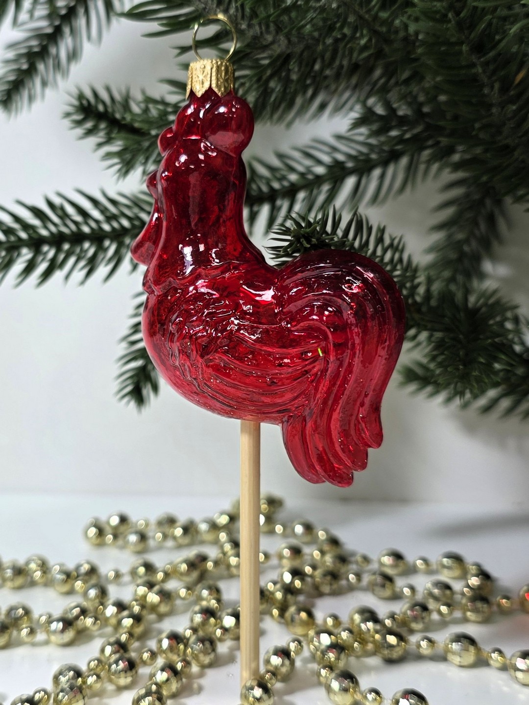 фото Стеклянная елочная игрушка Петушок на палочке