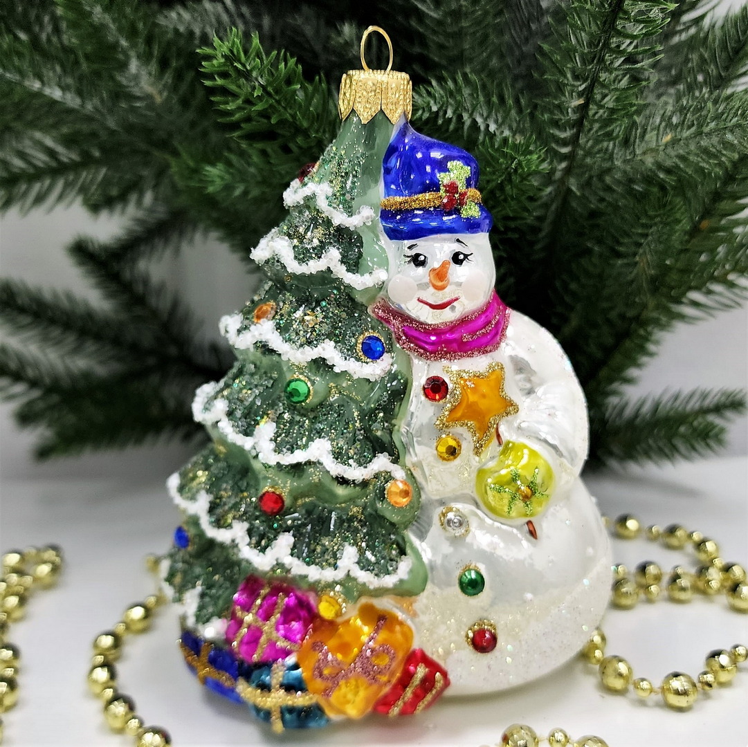 фото Стеклянная елочная игрушка Снеговик с елкой