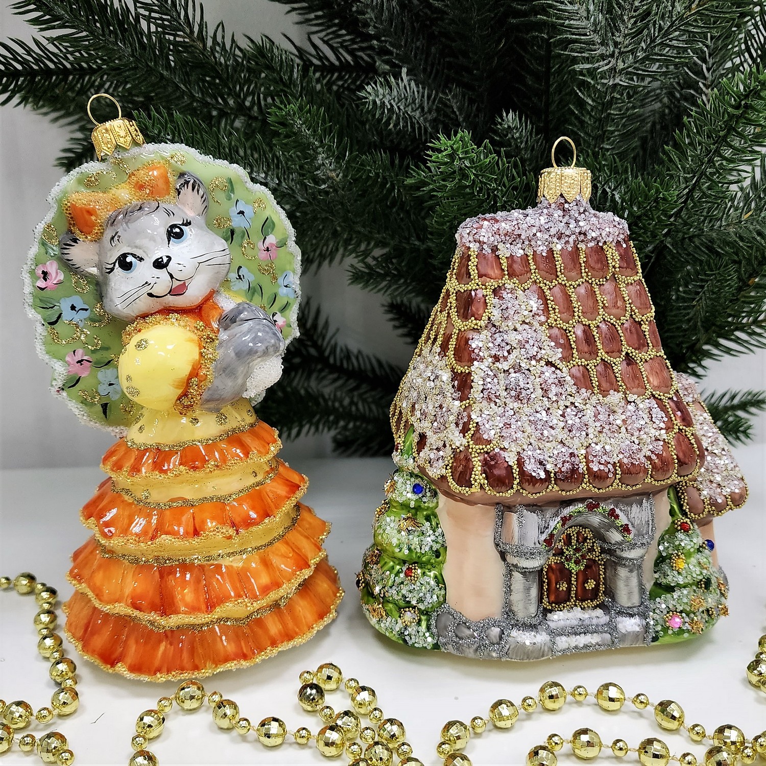 фото Набор ёлочных игрушек Дом и Кошка с зонтиком оранж