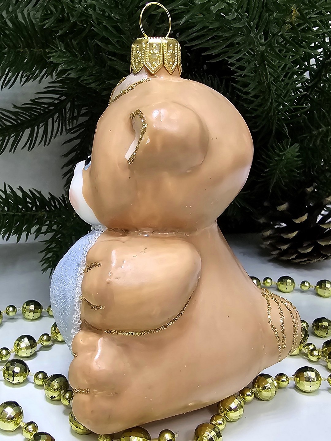 фото Стеклянная елочная игрушка Мишка с сердцем