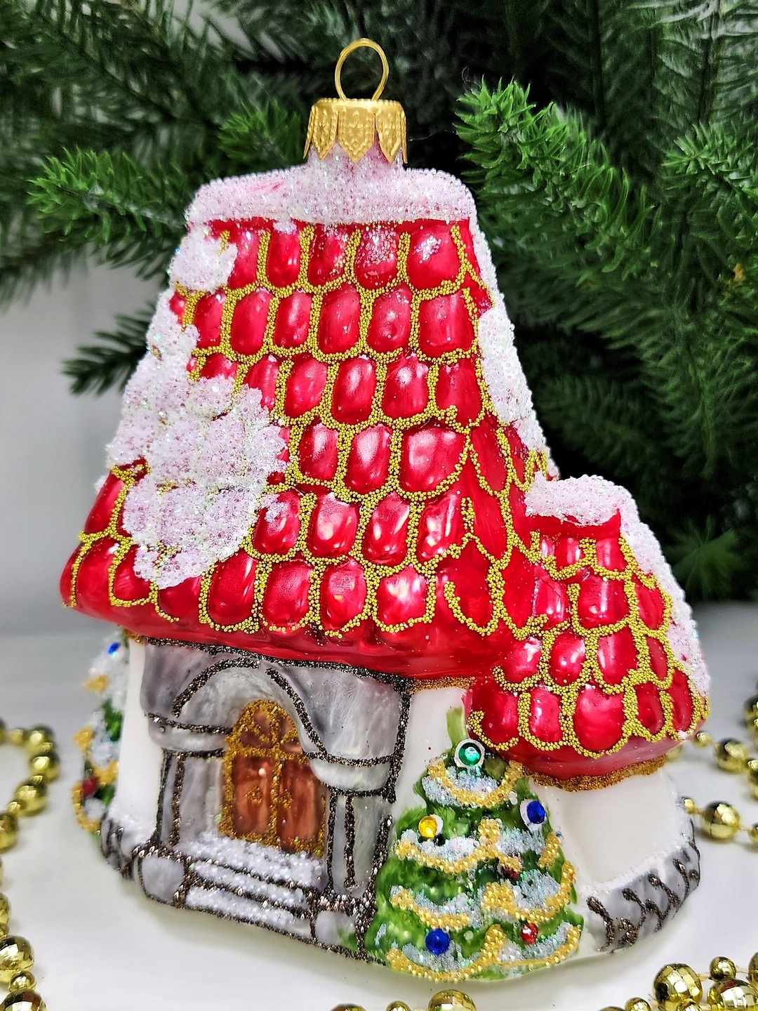 фото Стеклянная елочная игрушка Домик Мельница
