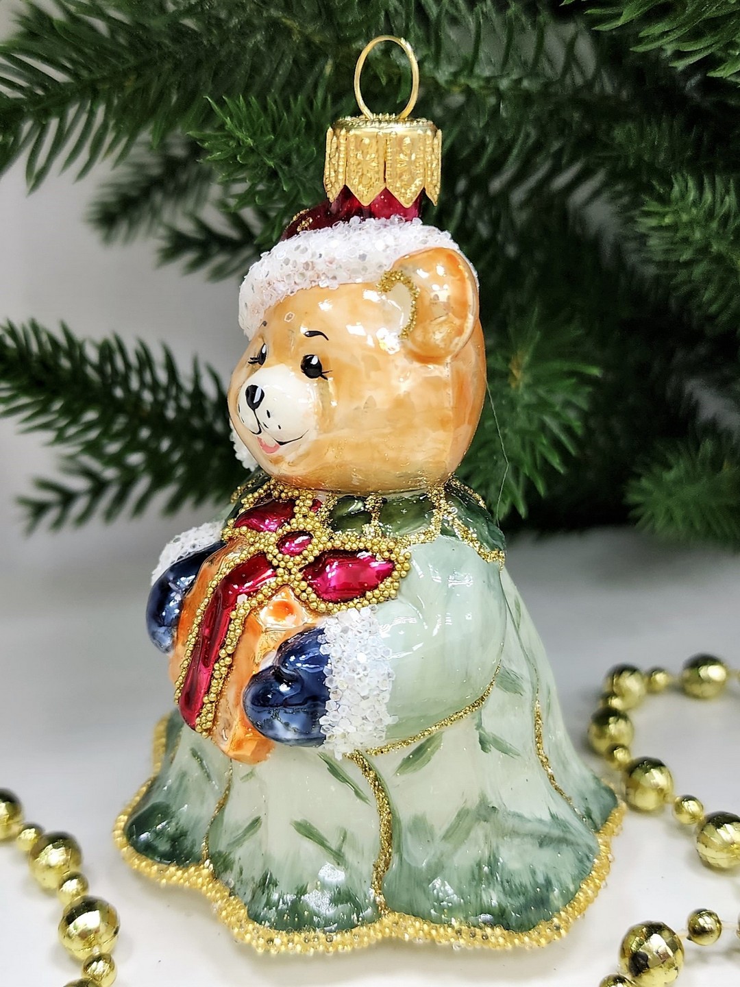 фото Стеклянная елочная игрушка Мишка колокольчик