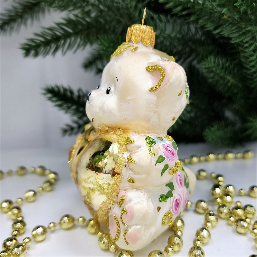 фото Стеклянная елочная игрушка Мишка с сердцем Версаль