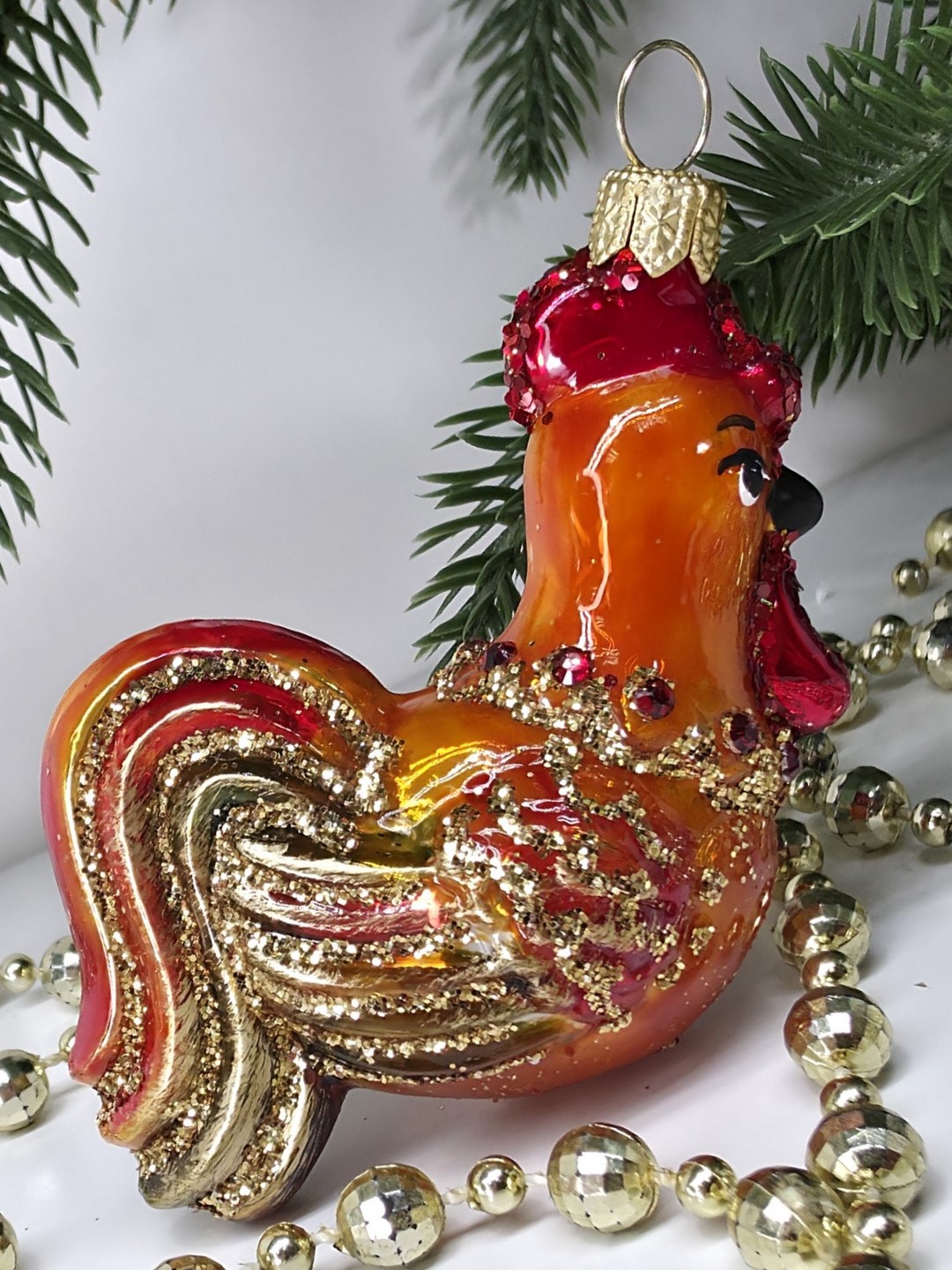 фото Стеклянная елочная игрушка Золотой петушок