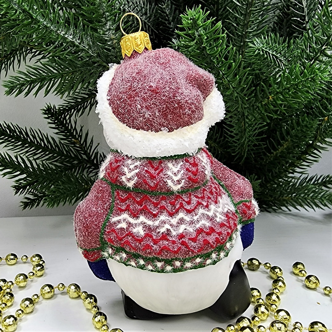 фото Стеклянная елочная игрушка Снеговик в свитере