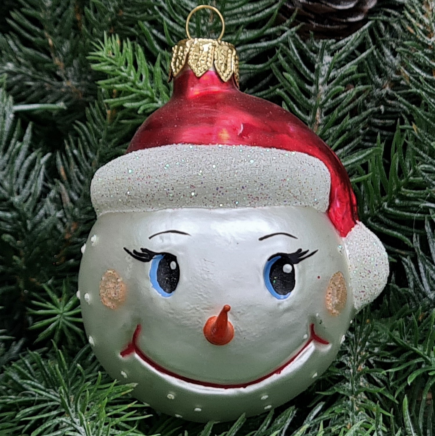 фото Стеклянная елочная игрушка Голова снеговика