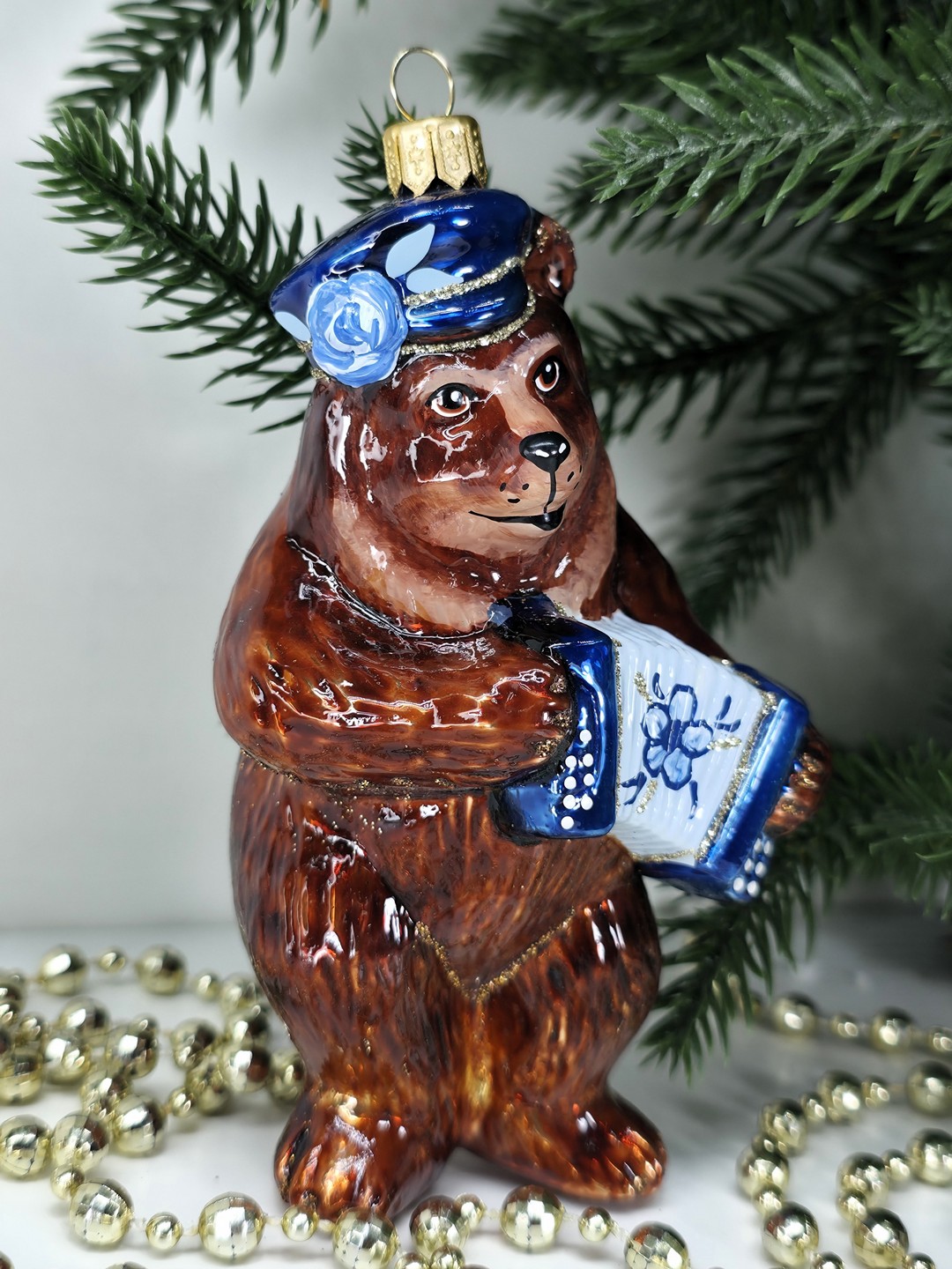 фото Стеклянная елочная игрушка Мишка с гармошкой 2