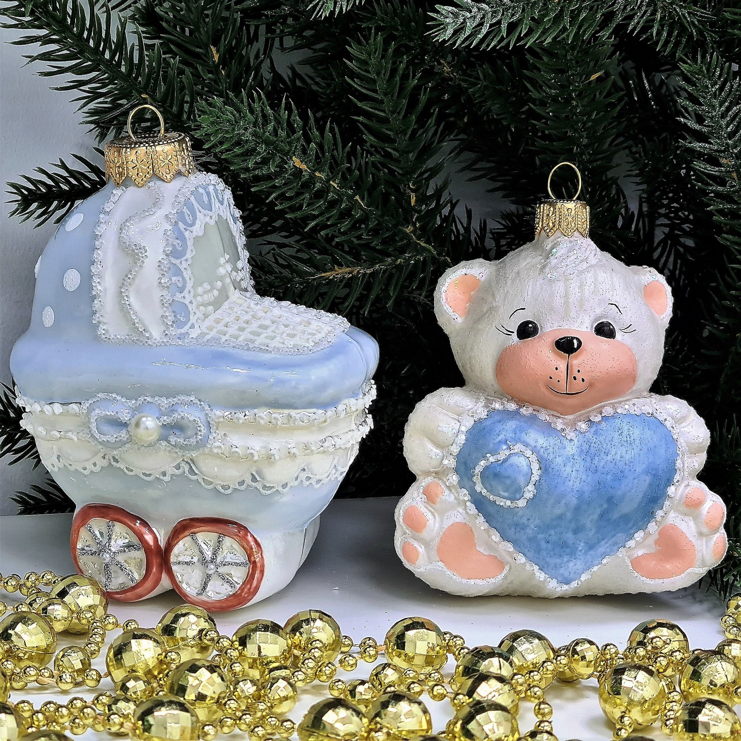 фото Набор ёлочных игрушек Коляска и мишка голубой
