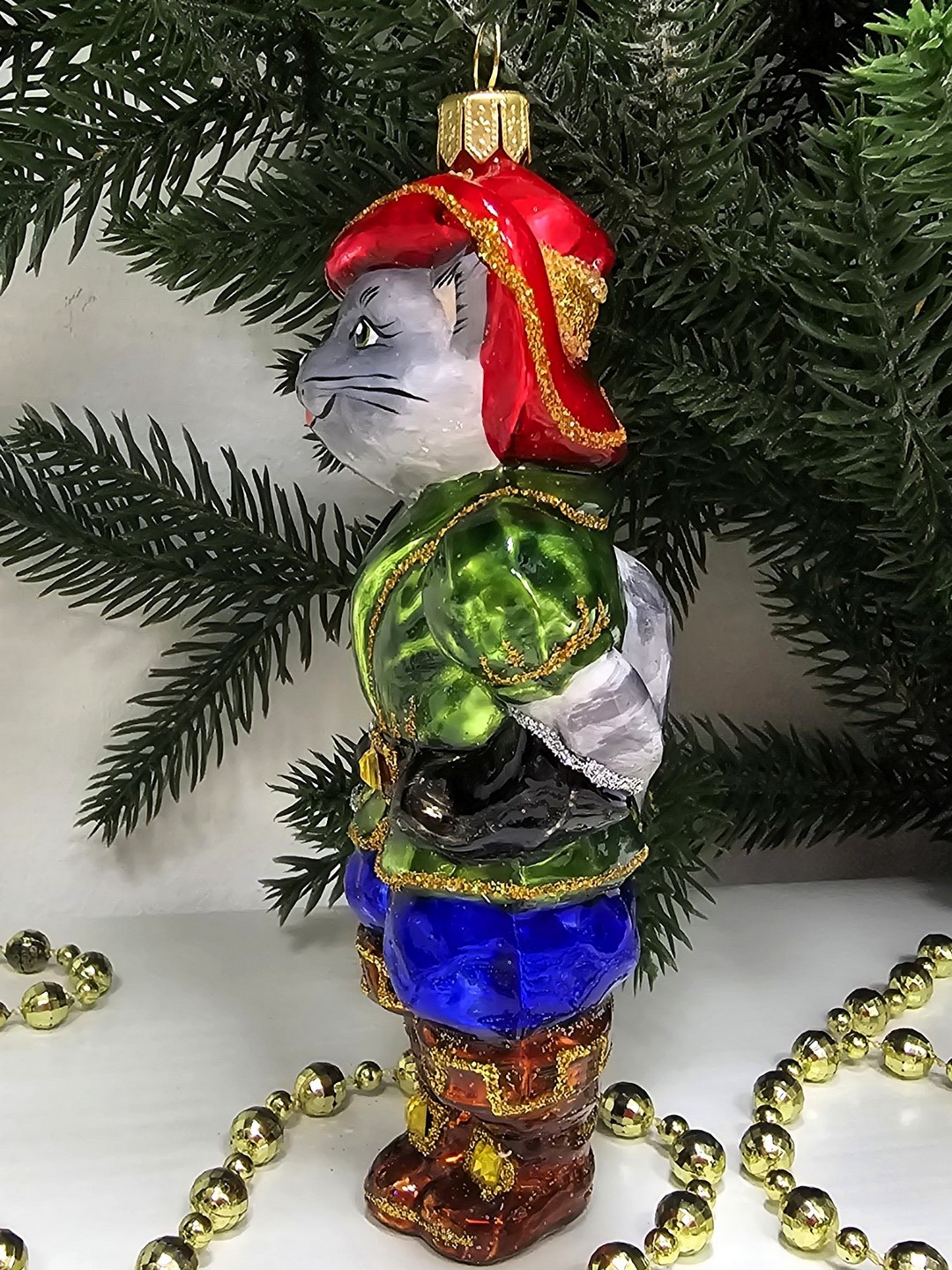 фото Стеклянная елочная игрушка Кот в сапогах