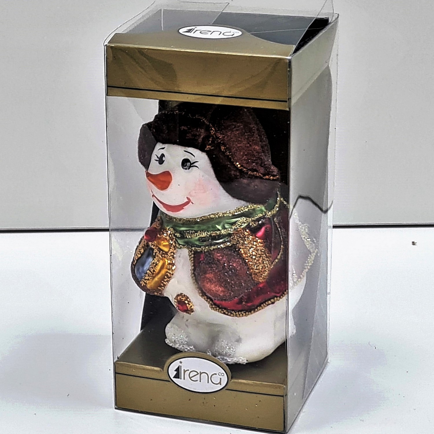 фото Стеклянная елочная игрушка Снеговик с подарком винтаж