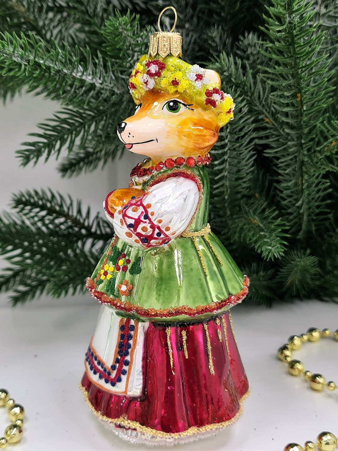 фото Стеклянная елочная игрушка Лиса в веночке