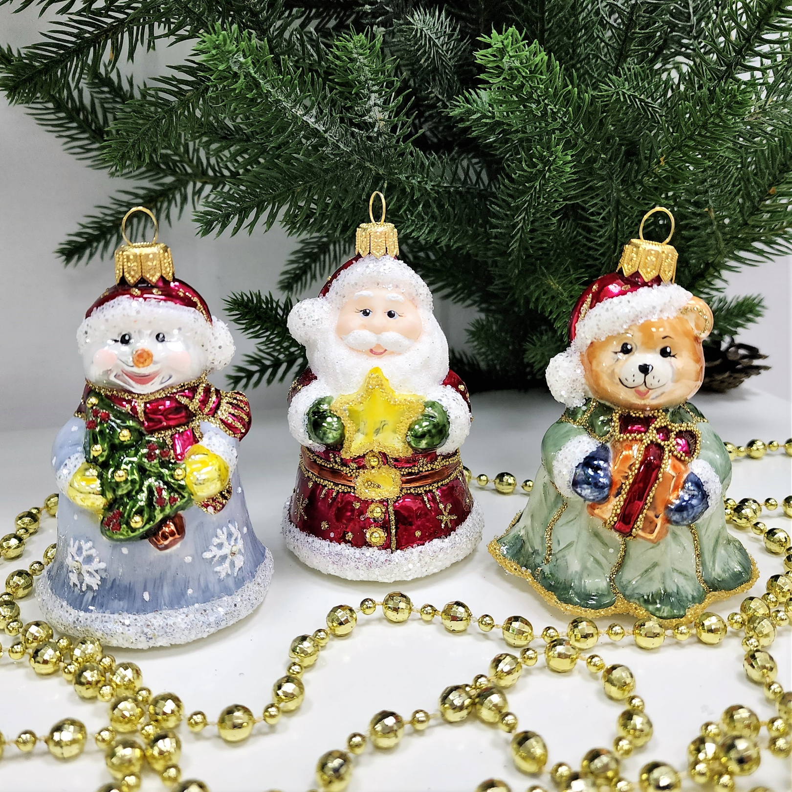 фото Набор ёлочных игрушек Дед Мороз, снеговик и мишка колокольчики