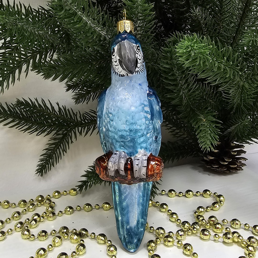 фото Стеклянная елочная игрушка Попугай голубой