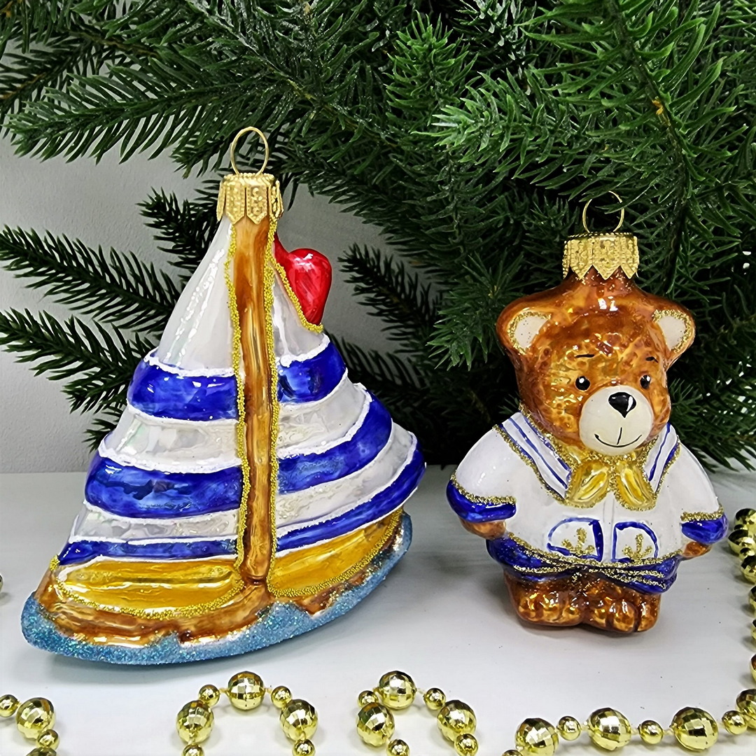 фото Набор ёлочных игрушек Мишка морячок и кораблик