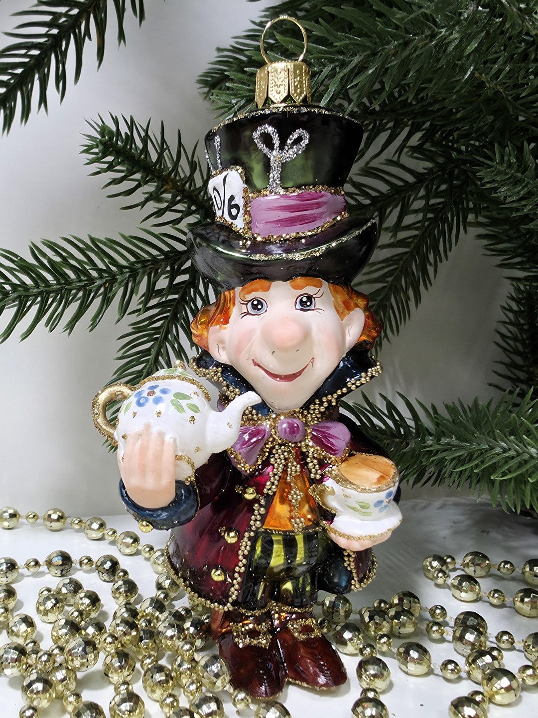 фото Стеклянная елочная игрушка Шляпник с чайником