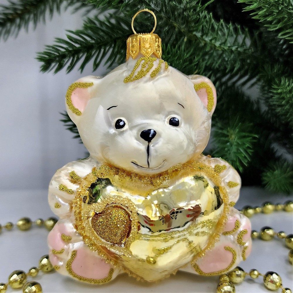 фото Стеклянная елочная игрушка Мишка с сердцем Версаль