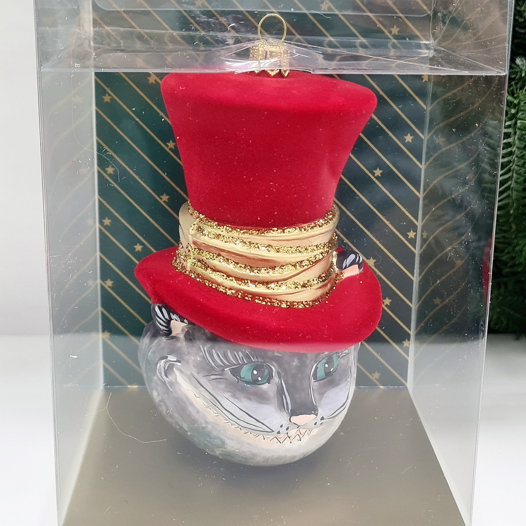 фото Стеклянная елочная игрушка Чеширский кот в шляпе