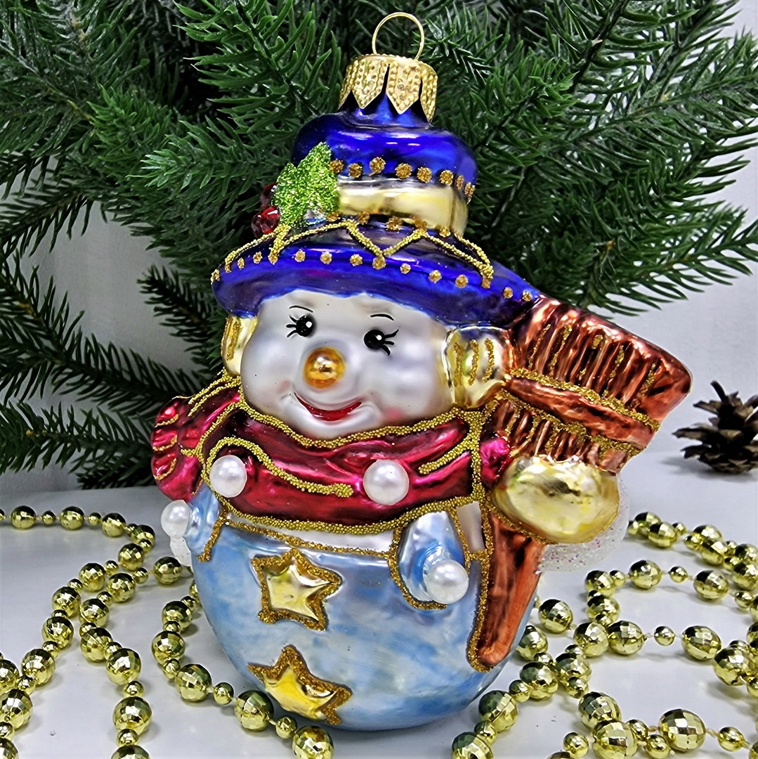 фото Стеклянная елочная игрушка Снеговик цирковой