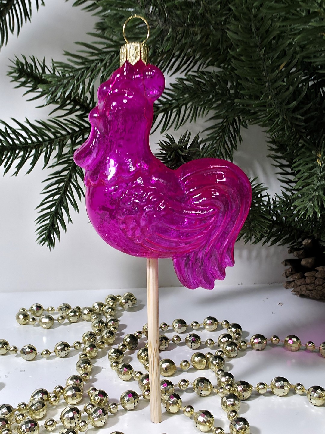 фото Стеклянная елочная игрушка Петушок на палочке