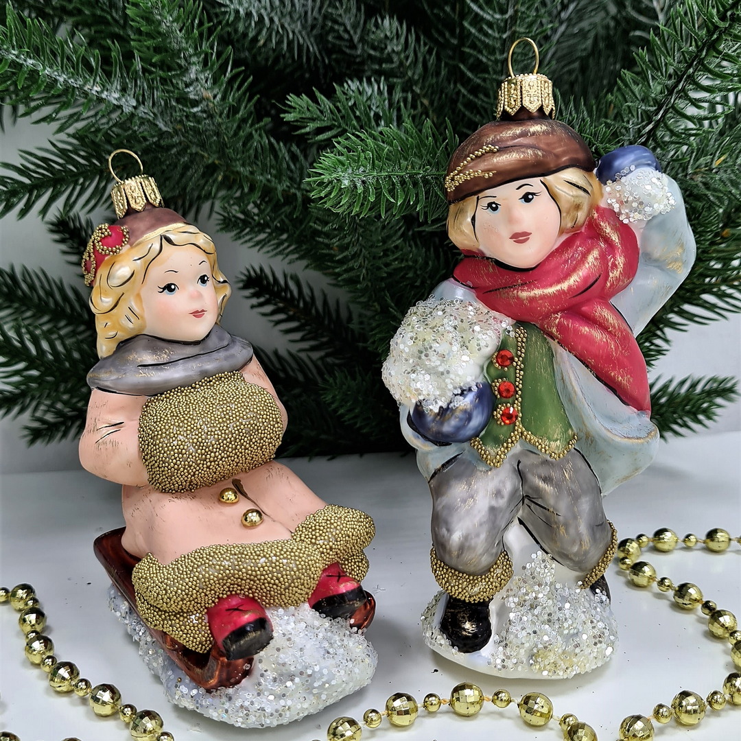фото Набор ёлочных игрушек Девочка на санях и мальчик со снежком винтаж