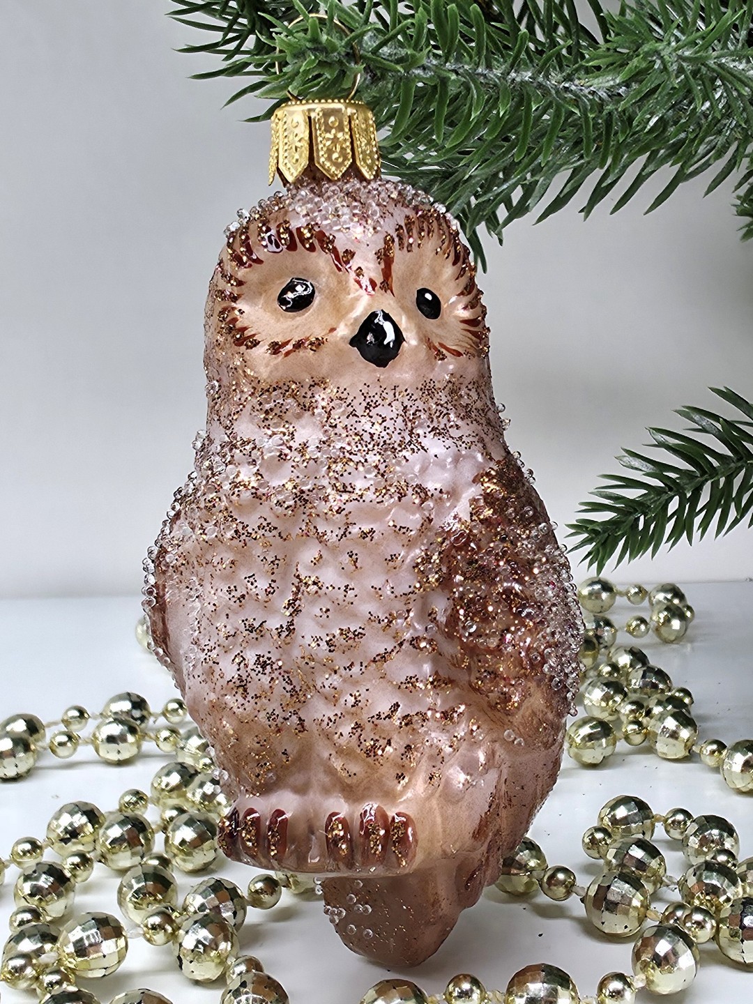 фото Стеклянная елочная игрушка Совушка коричневая
