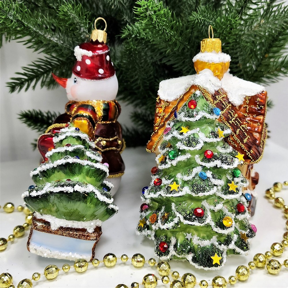 фото Набор ёлочных игрушек Домик с елкой и снеговик с саночками