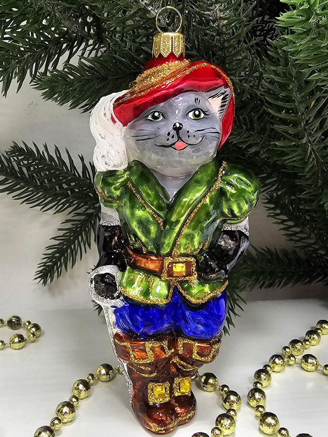 фото Стеклянная елочная игрушка Кот в сапогах