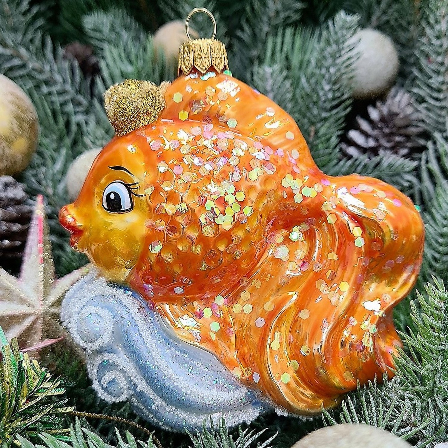 фото Стеклянная елочная игрушка Золотая рыбка