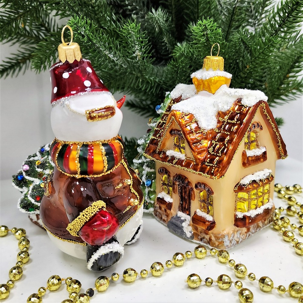 фото Набор ёлочных игрушек Домик с елкой и снеговик с саночками