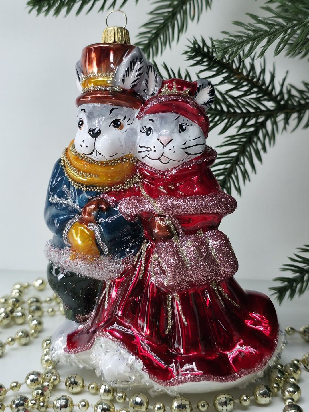 фото Стеклянная елочная игрушка Парочка Зайчат