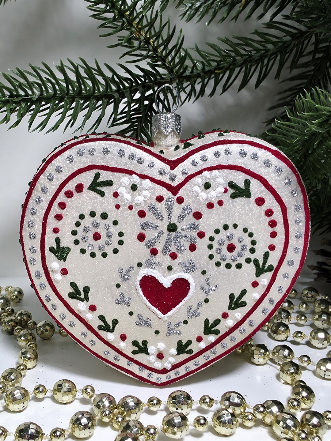 фото Стеклянная елочная игрушка Сердце пряник