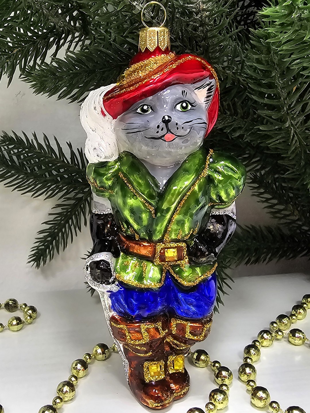 фото Стеклянная елочная игрушка Кот в сапогах
