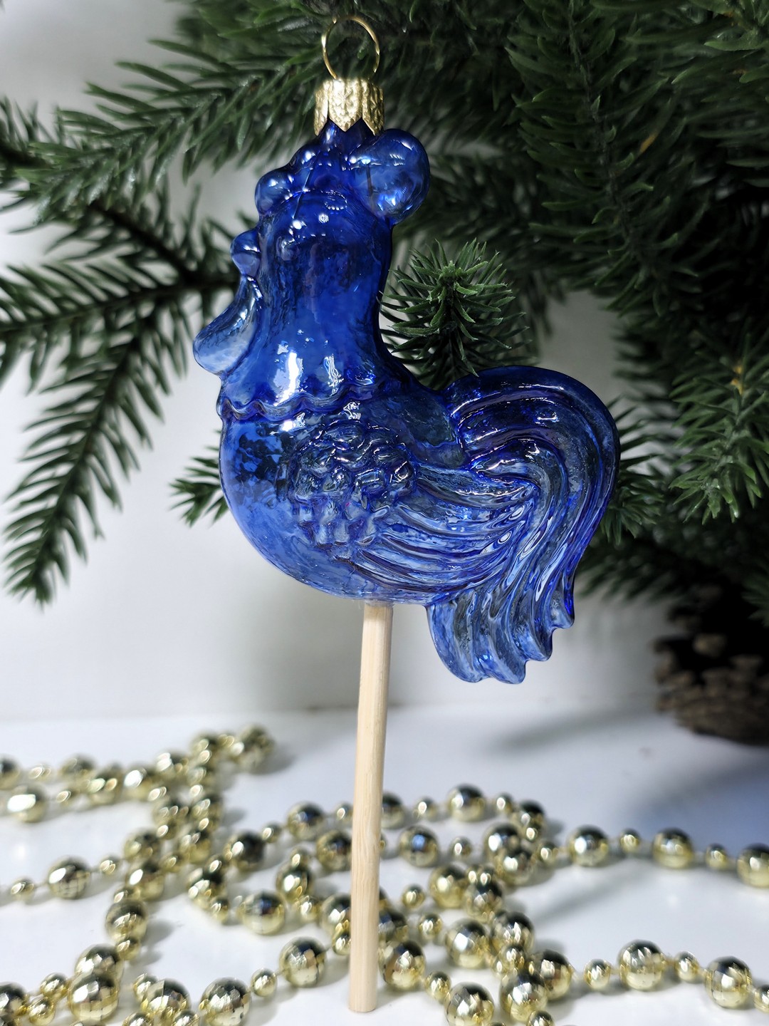 фото Стеклянная елочная игрушка Петушок на палочке