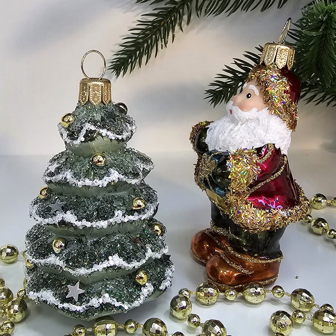 фото Набор стеклянных ёлочных игрушек Irena-Co Дед Мороз и елочка