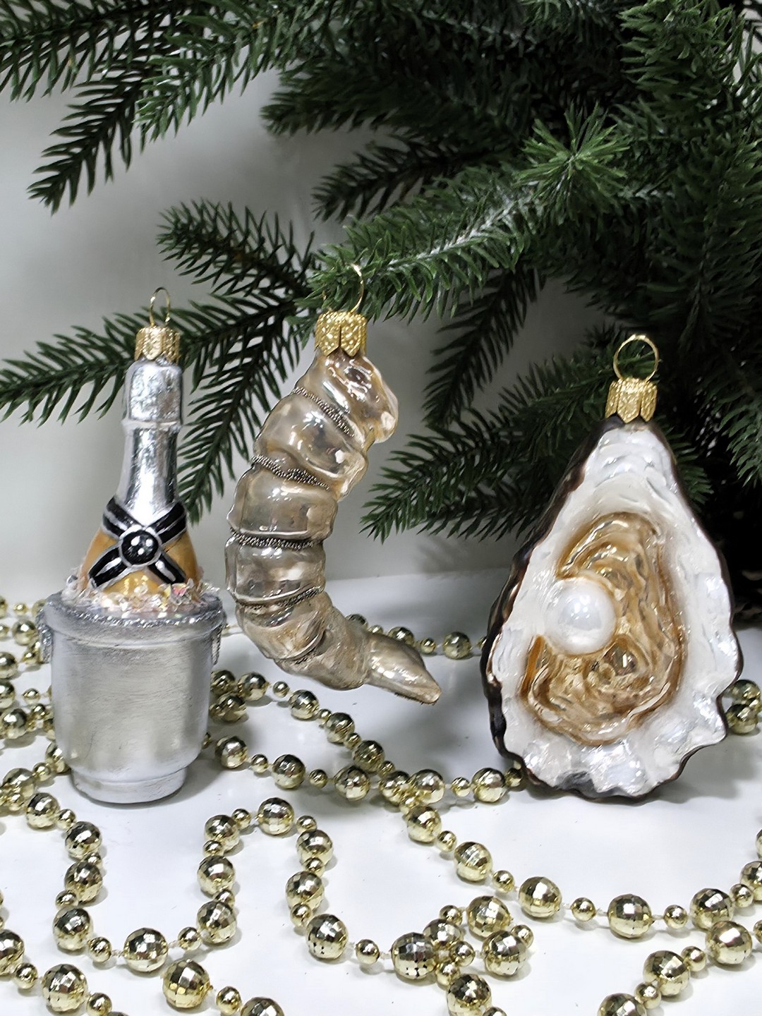 фото Набор ёлочных игрушек Креветка, устрица и шампанское