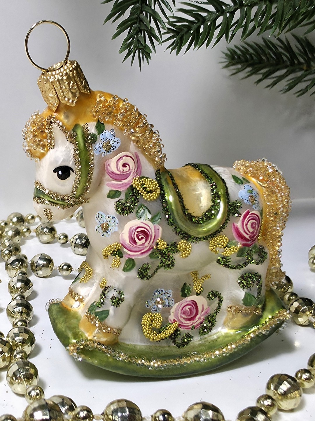 фото Стеклянная елочная игрушка Лошадка качалка Версаль