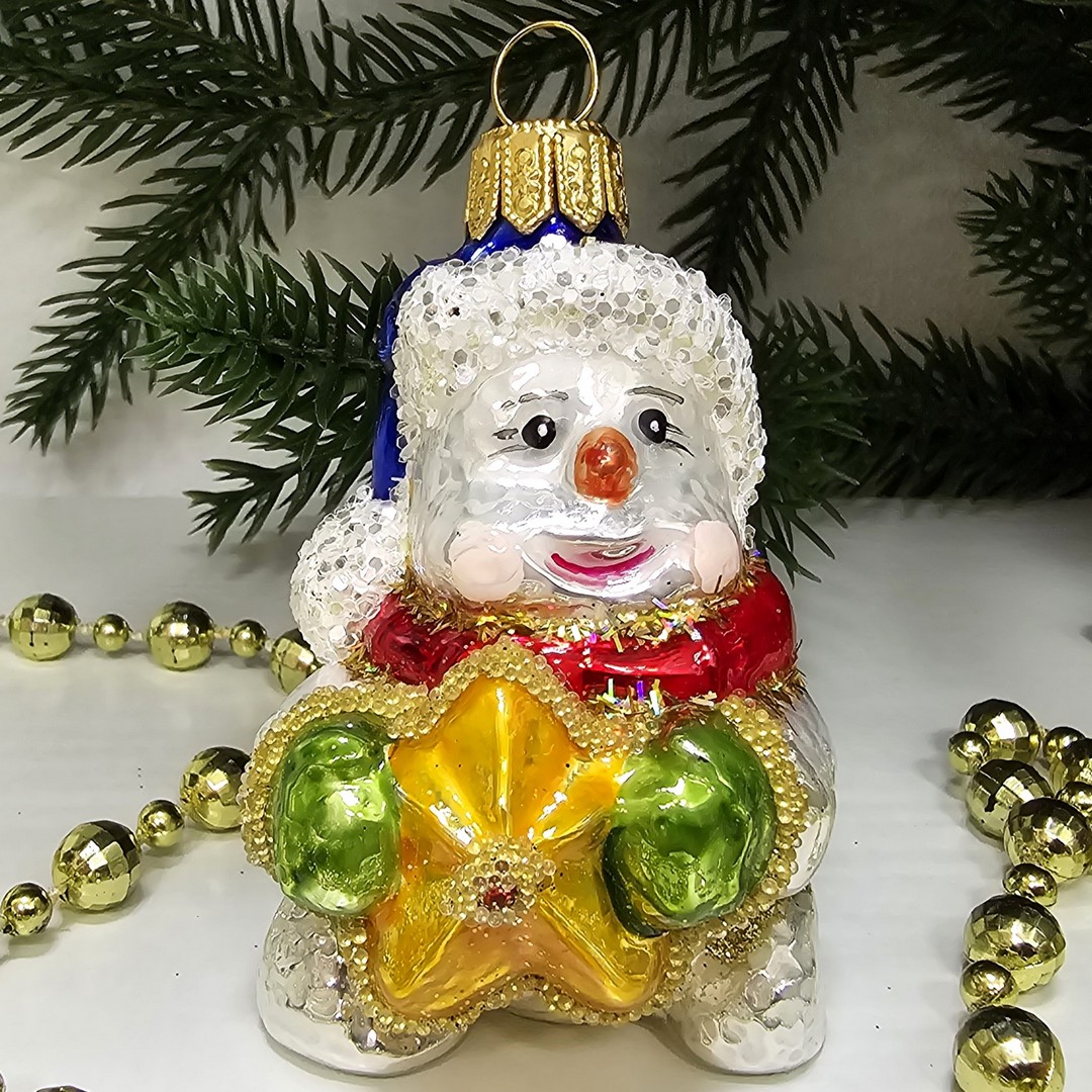 фото Стеклянная елочная игрушка Снеговик со звездочкой