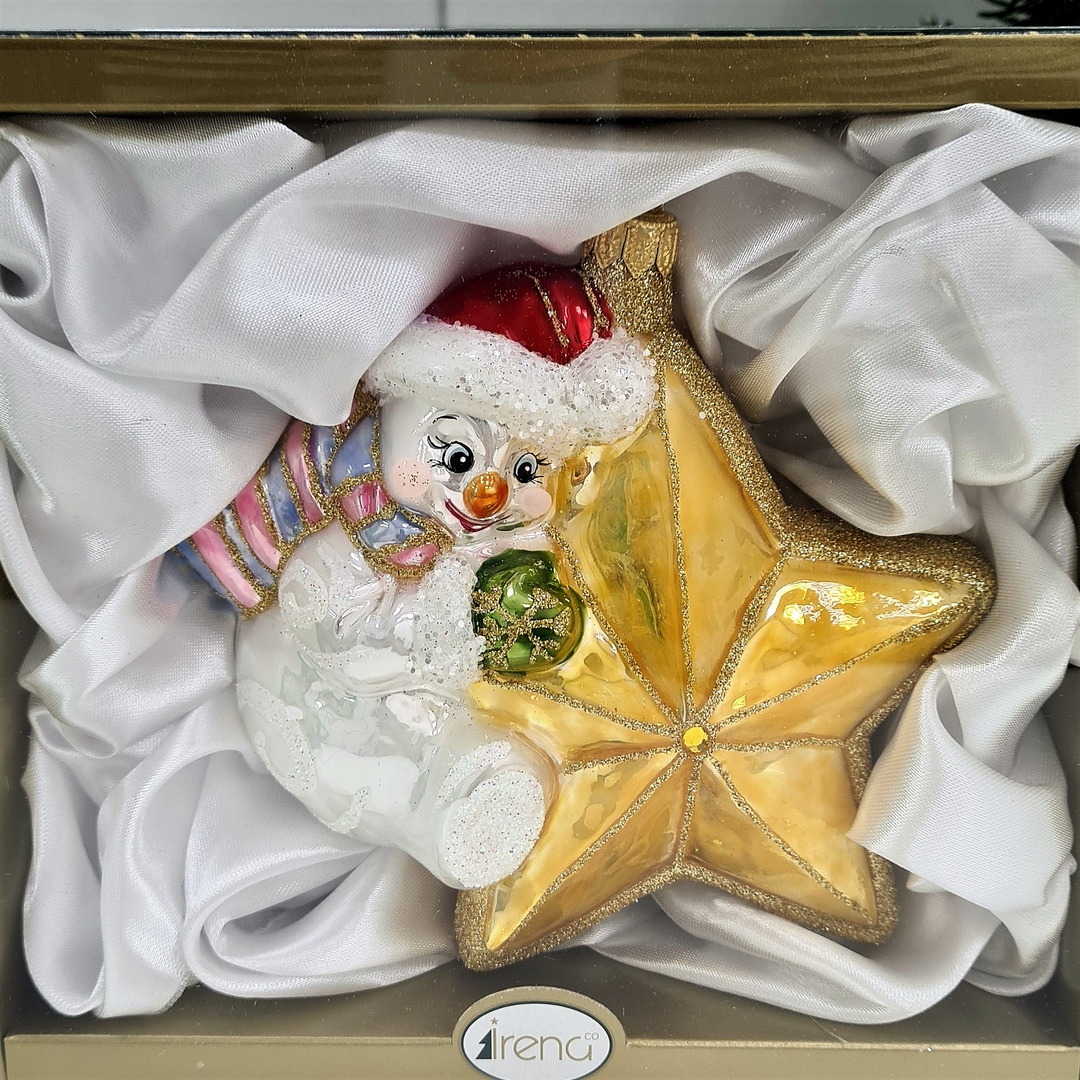 фото Стеклянная елочная игрушка Снеговик со звездой