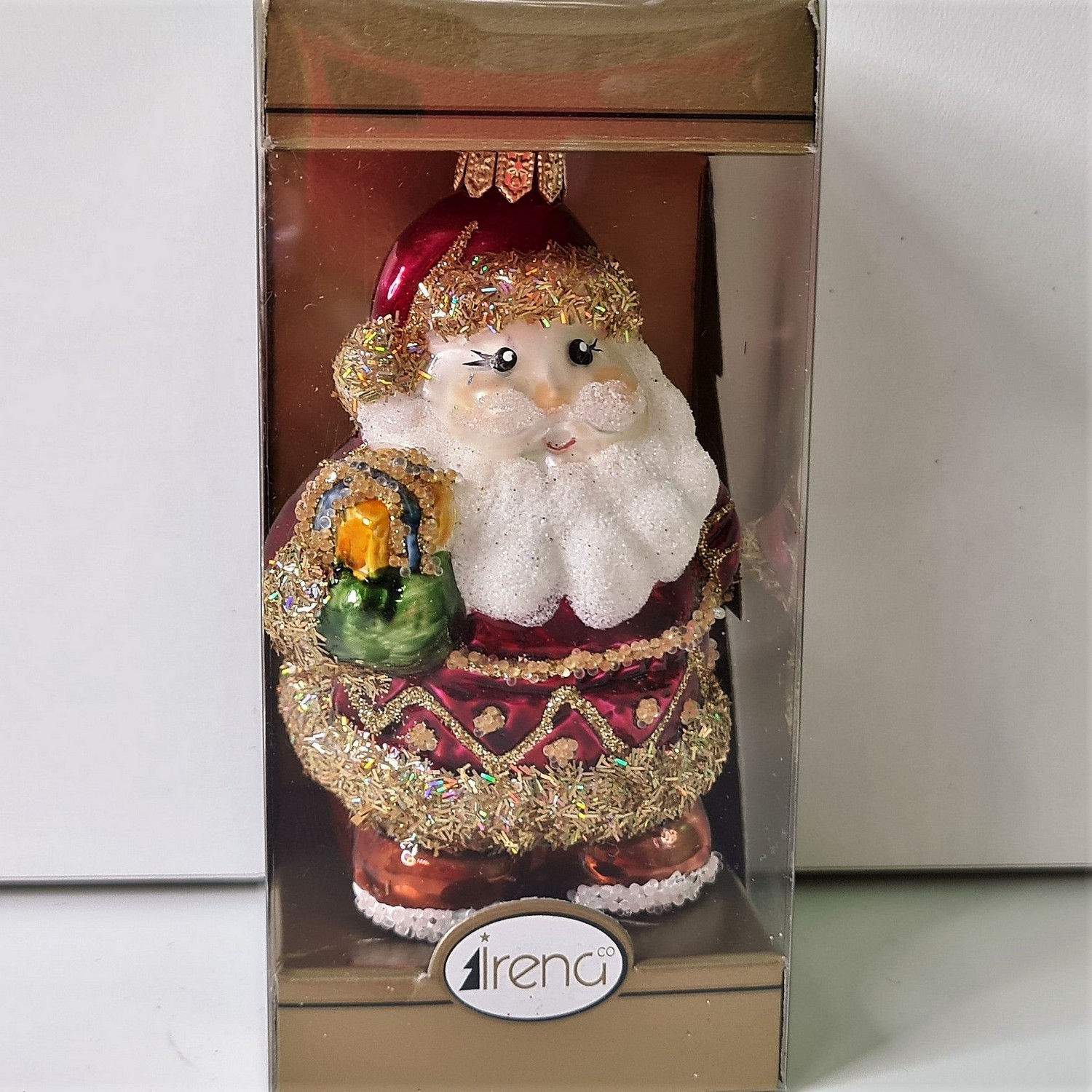 фото Стеклянная елочная игрушка Санта с подарком малый