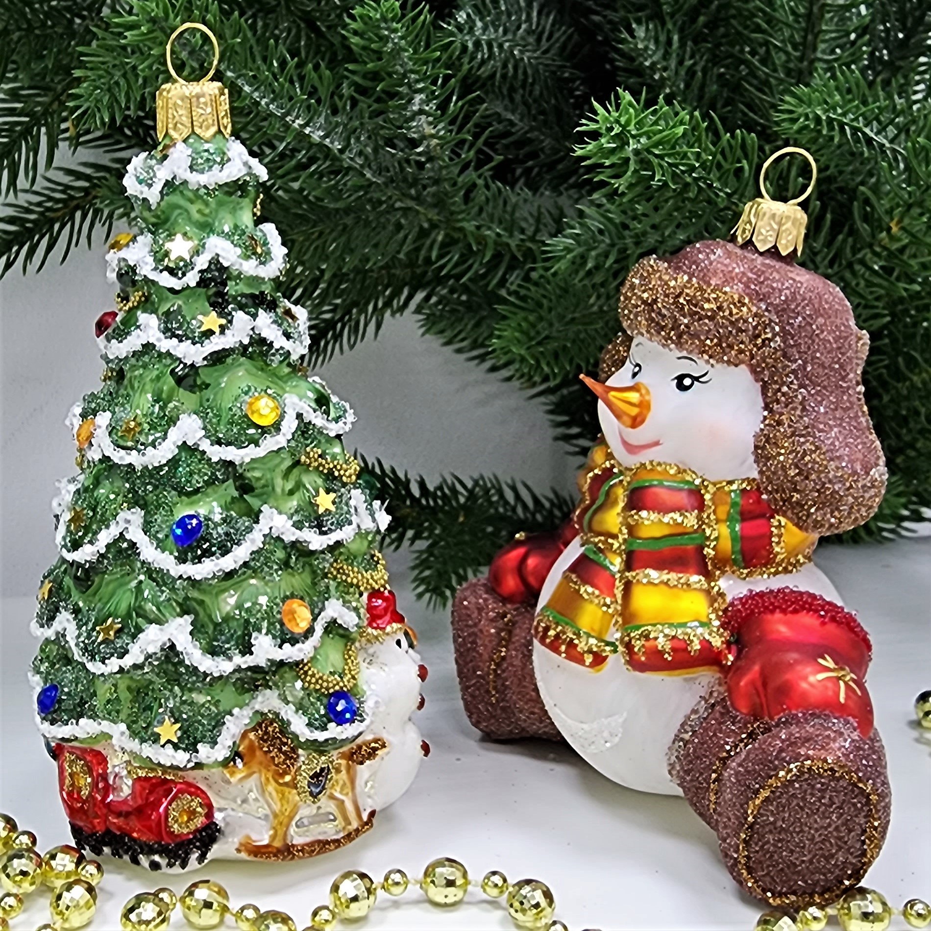 фото Набор ёлочных игрушек Ёлка и снеговик в валенках-2