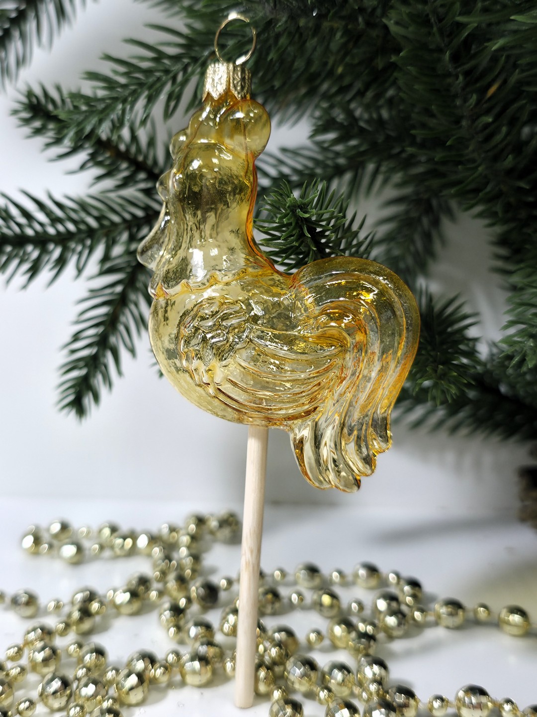 фото Стеклянная елочная игрушка Петушок на палочке