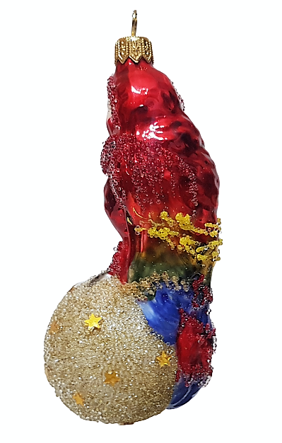 фото Стеклянная елочная игрушка Попугай на шаре красный