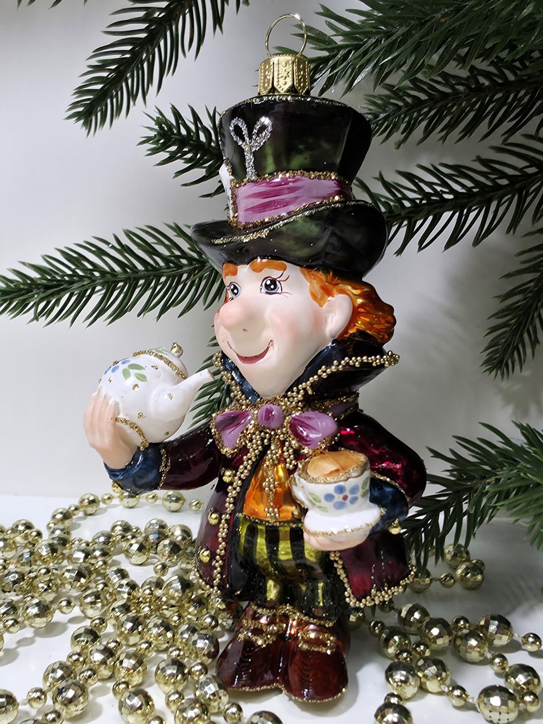 фото Стеклянная елочная игрушка Шляпник с чайником