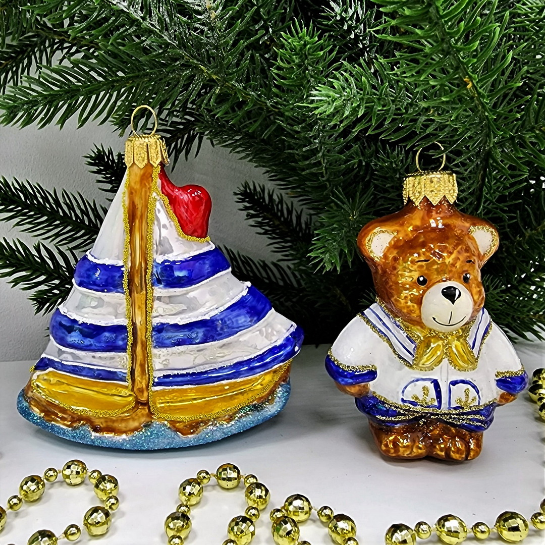 фото Набор ёлочных игрушек Мишка морячок и кораблик