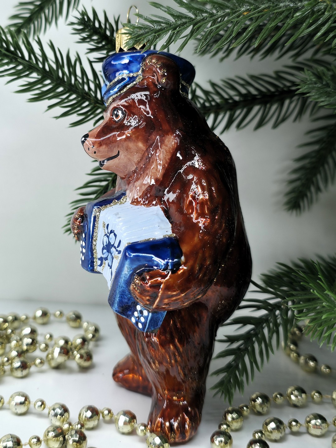 фото Стеклянная елочная игрушка Мишка с гармошкой 2